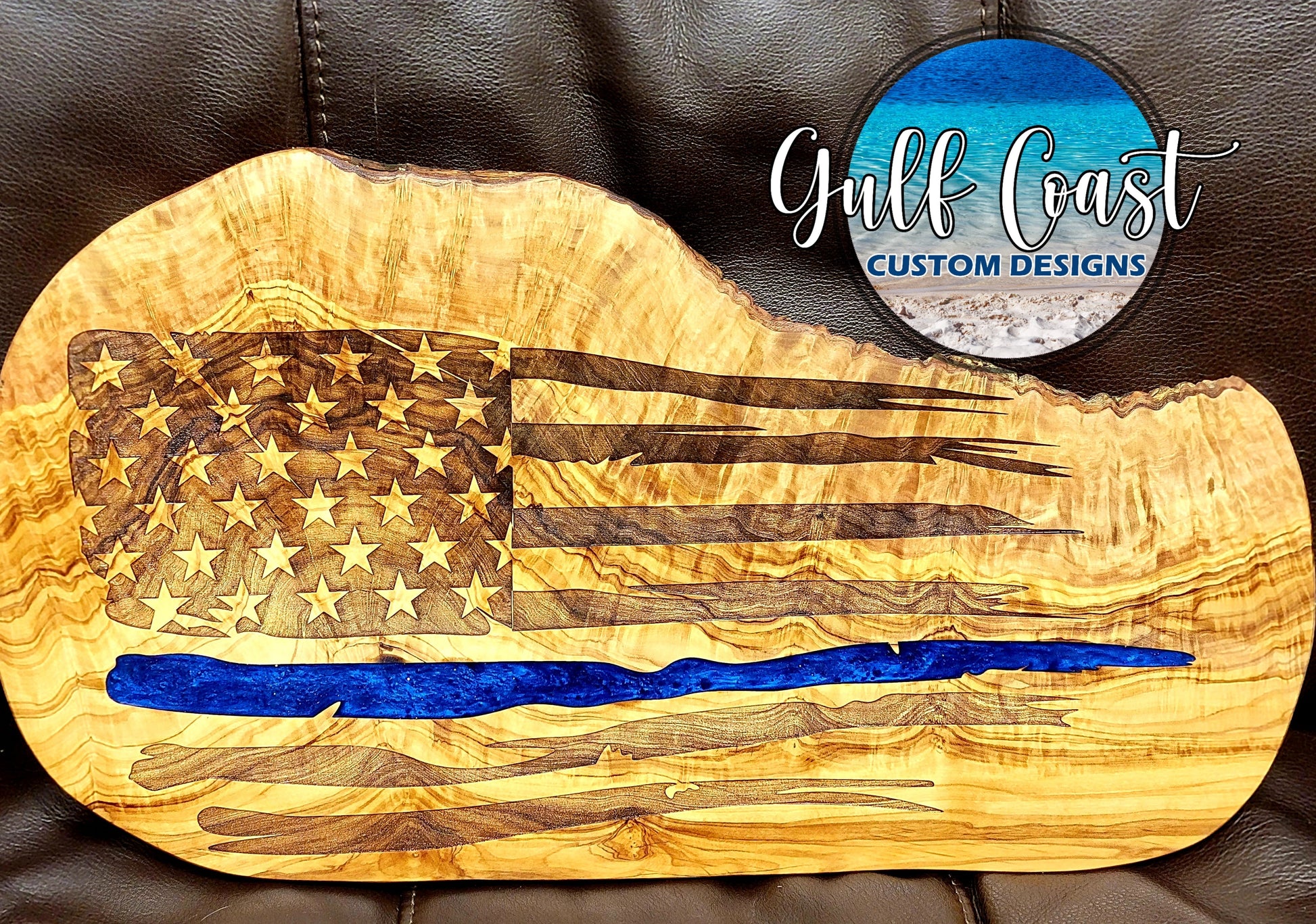 Thin Blue Line Natural Olivewood Cutting Board ~ Home Decor ~ Police Thin Blue Line Design Medium 14’’ - 16’’