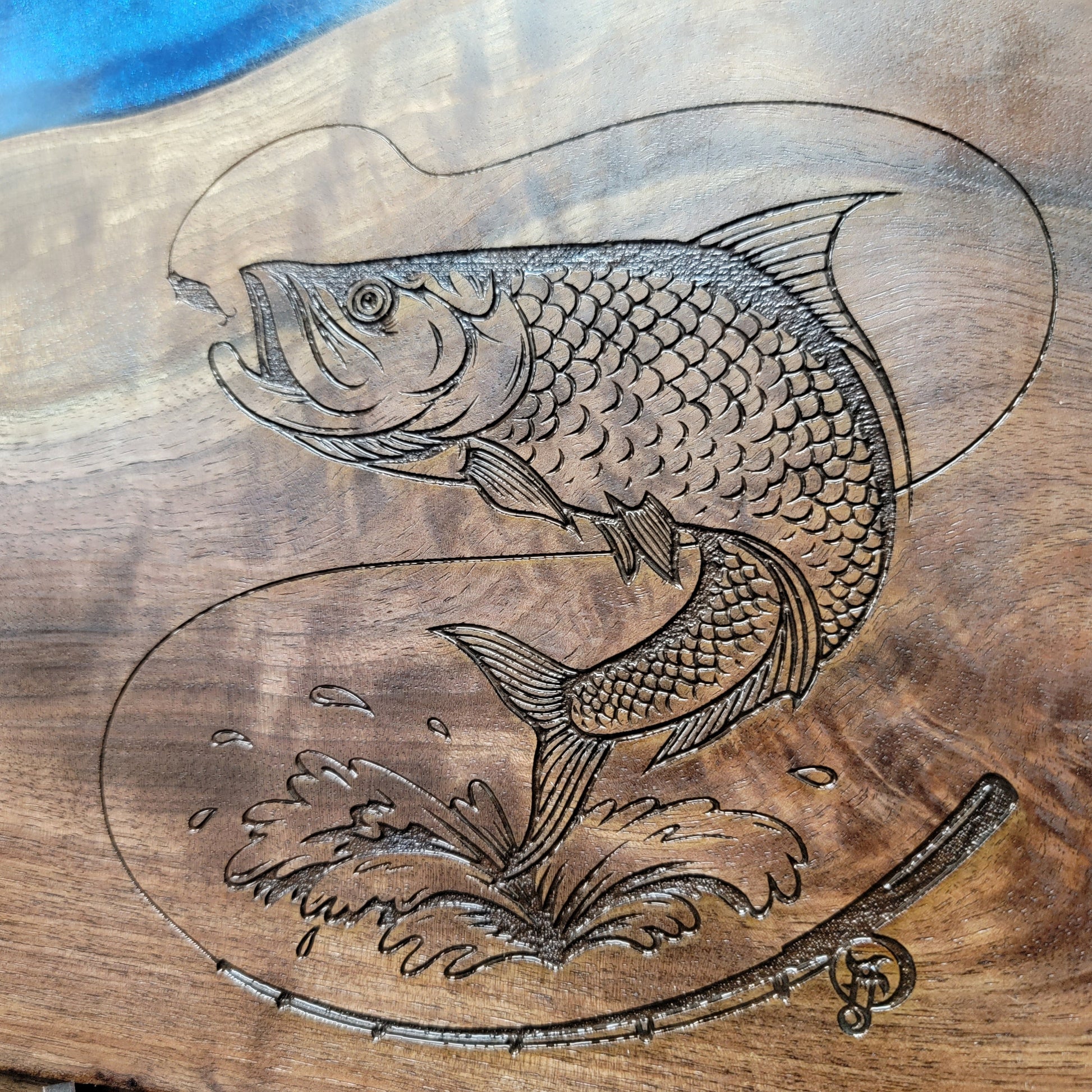 Walnut Charcuterie Board with Blue Epoxy Resin Infusion + Tarpon 12’’ x 16’’