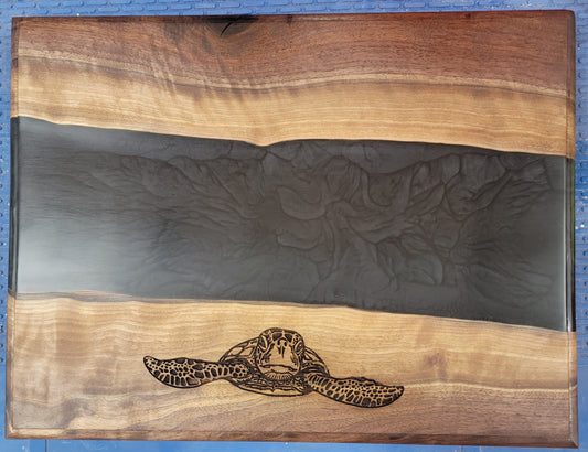 Flame Walnut Charcuterie Board + Black Diamond River Epoxy with Engraved Sea Turtle Serving Trays