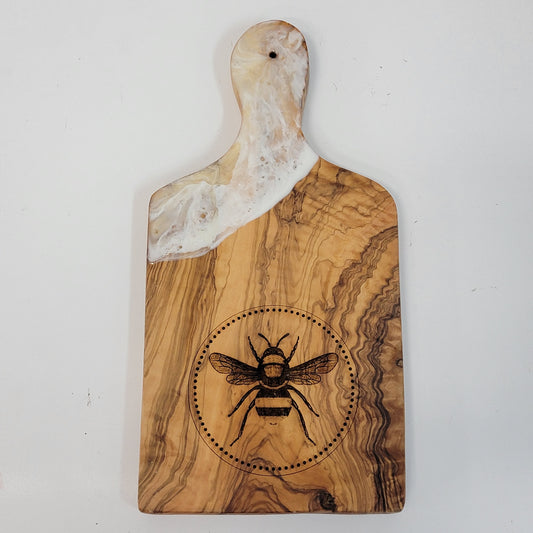 Bee-utiful Olivewood Cheese Serving Board - Serving Tray with Marbled Epoxy Design Serving Trays