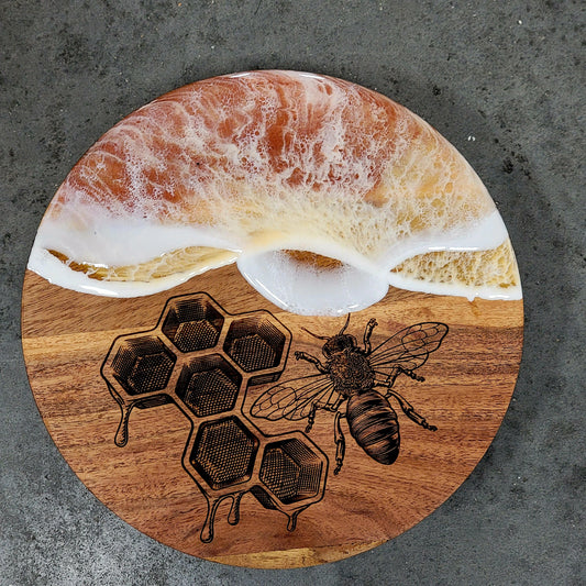 Acacia Wood Cakestand Trivet w/ Engraved Honey Bee + Epoxy Design Cake Trivet Cake Servers