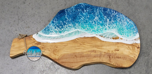 Olivewood Board with Caribbean Ocean Epoxy Wave Design - Functional Cutting Board decorative trays