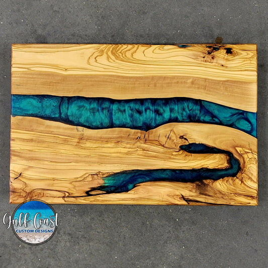 Olivewood Charcuterie Cutting Board with Colorshift Food Safe Epoxy Serving Trays