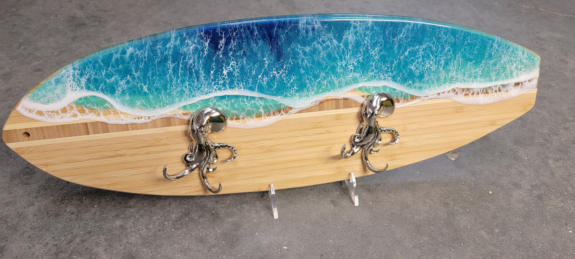 Surfboard Epoxy Wave Decor w/ Dual Octopus Hooks - Kraken Wall Art Towel Holder wall art