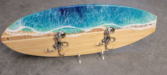 Surfboard Epoxy Wave Decor w/ Dual Octopus Hooks - Kraken Wall Art Towel Holder wall art