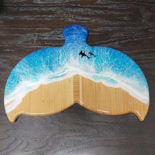 Whale Tail Bamboo Art Epoxy Resin Art Wave Design + 2 Sharks Design - Sealife Beach Decor Artwork