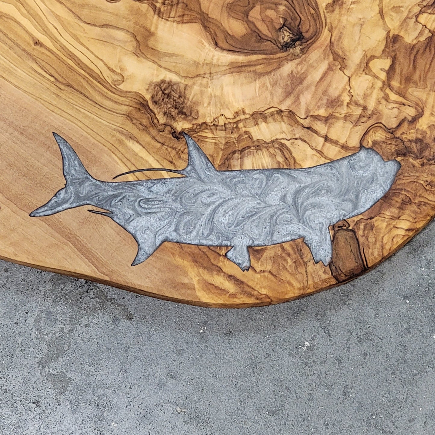 Olivewood Cutting Board + Tarpon Decor Epoxy Art Inlay - Wall Art - Kitchen Art- Fishing Decor Serving Trays