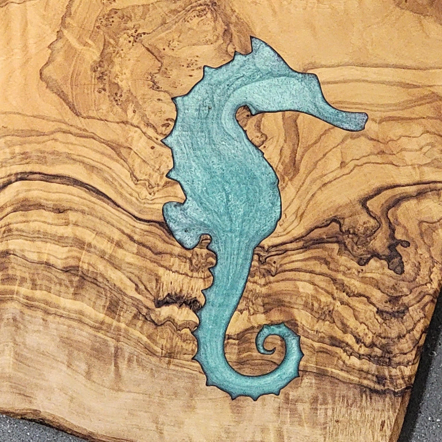 Olivewood Cutting Board + Seahorse Decor Epoxy Art Inlay - Wall Art - Kitchen Art- Fishing Decor cutting boards