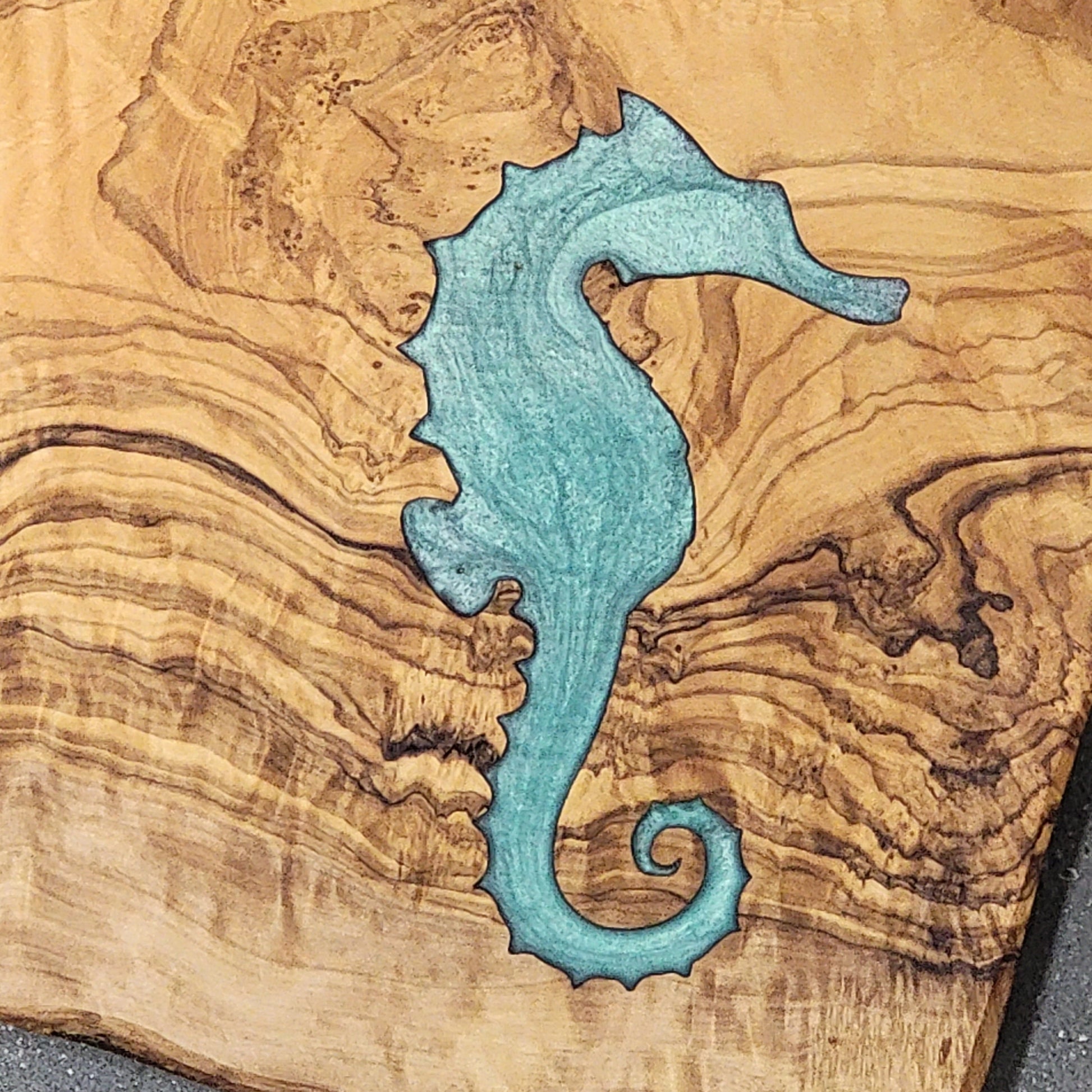 Olivewood Cutting Board + Seahorse Decor Epoxy Art Inlay - Wall Art - Kitchen Art- Fishing Decor cutting boards