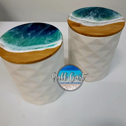 White Storage Canisters w/ Ocean Resin Wave Design (set of 2) Decorative Containers