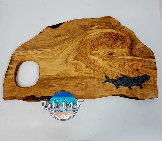 Olivewood Charcuterie Cutting Board with Tarpon Inlay Design cutting boards