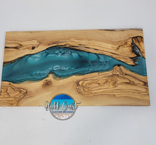 ’The Teal River’ Olivewood & Epoxy Charcuterie Serving Board Decorative Trays