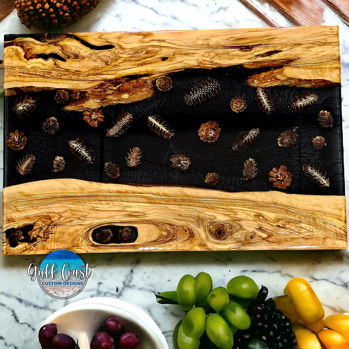 Olivewood Pine Cone Infusion 16" x 24" Charcuterie Platter Board - Art Kitchen Decor
