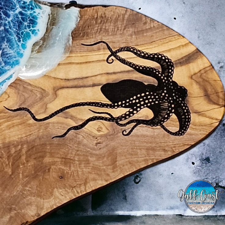 Octopus on Olivewood with Ocean Resin Design Charcuterie Serving Platter