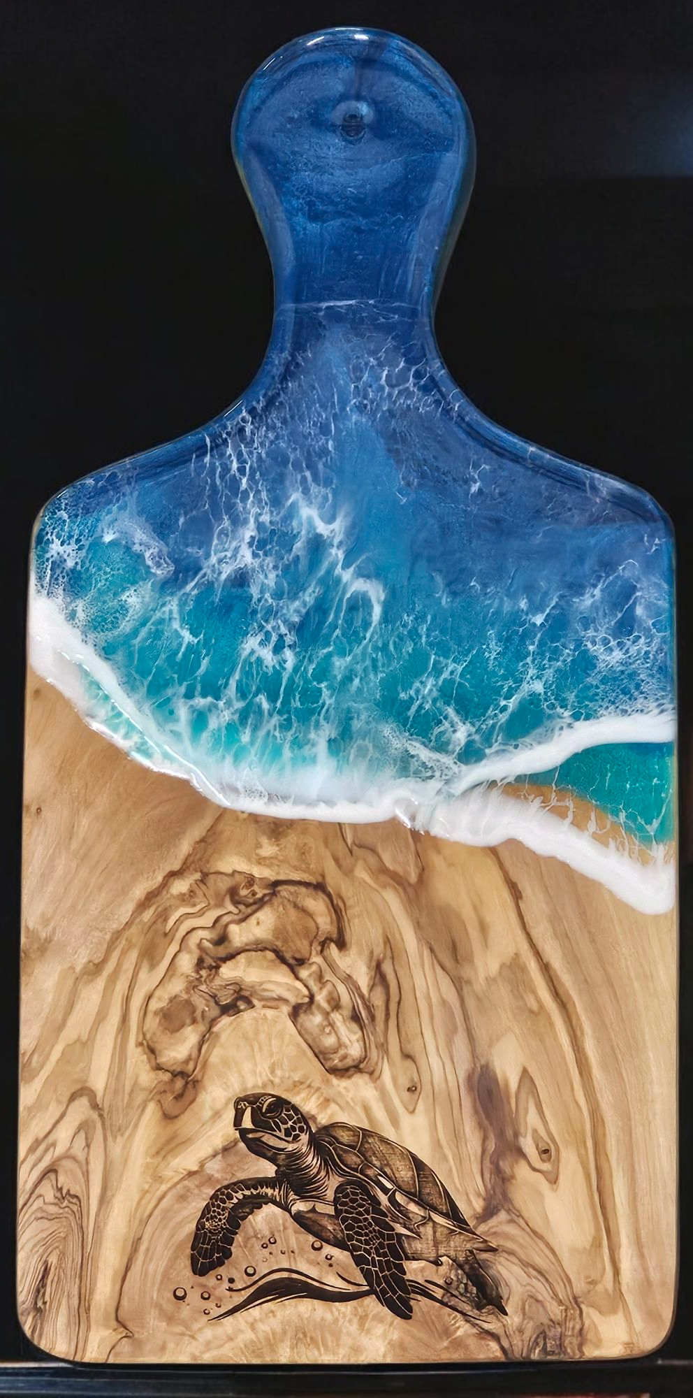 Sea Turtle Resin Art Engraved on Olivewood Cheese Cutting Board | Turtle Kitchen Art