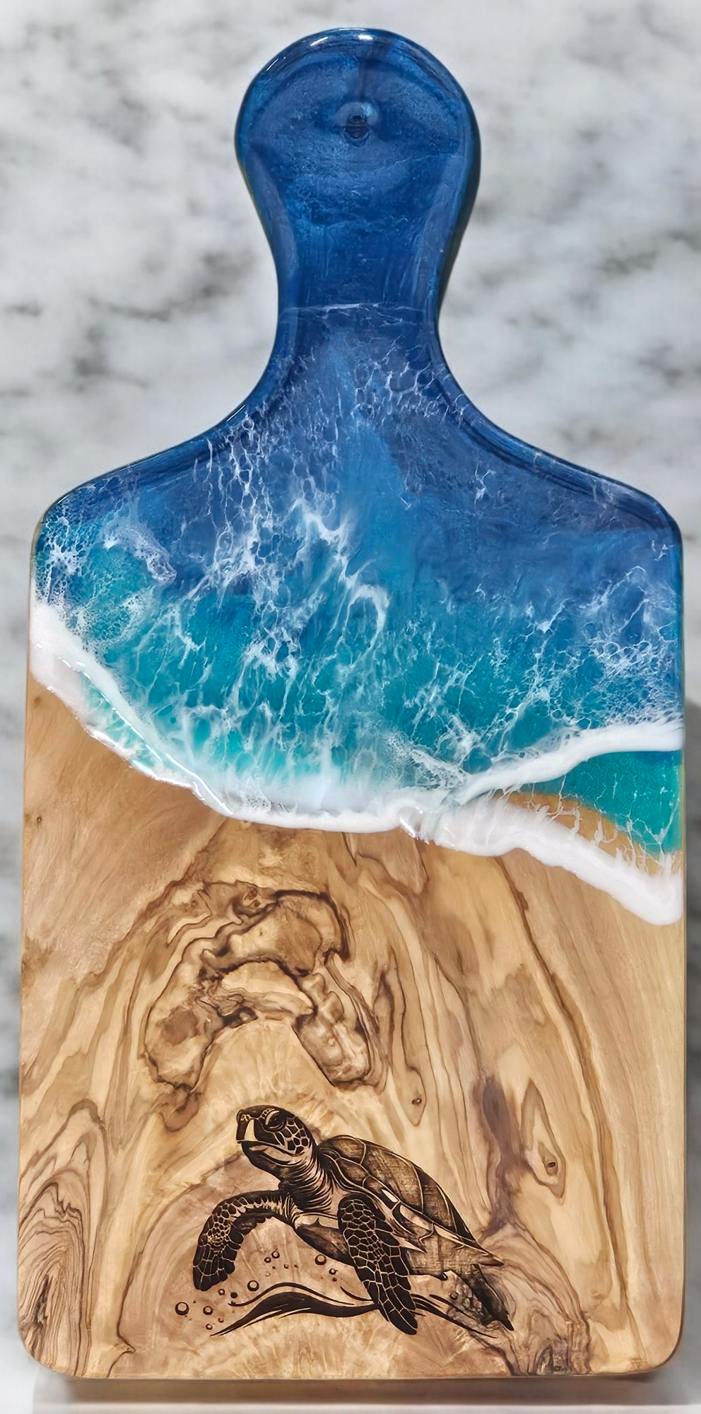 Sea Turtle Resin Art Engraved on Olivewood Cheese Cutting Board | Turtle Kitchen Art