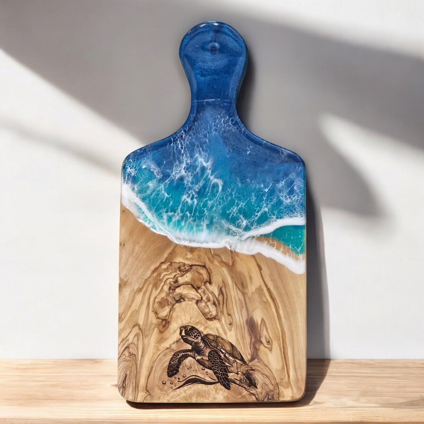 Sea Turtle Resin Art Engraved on Olivewood Cheese Cutting Board | Turtle Kitchen Art