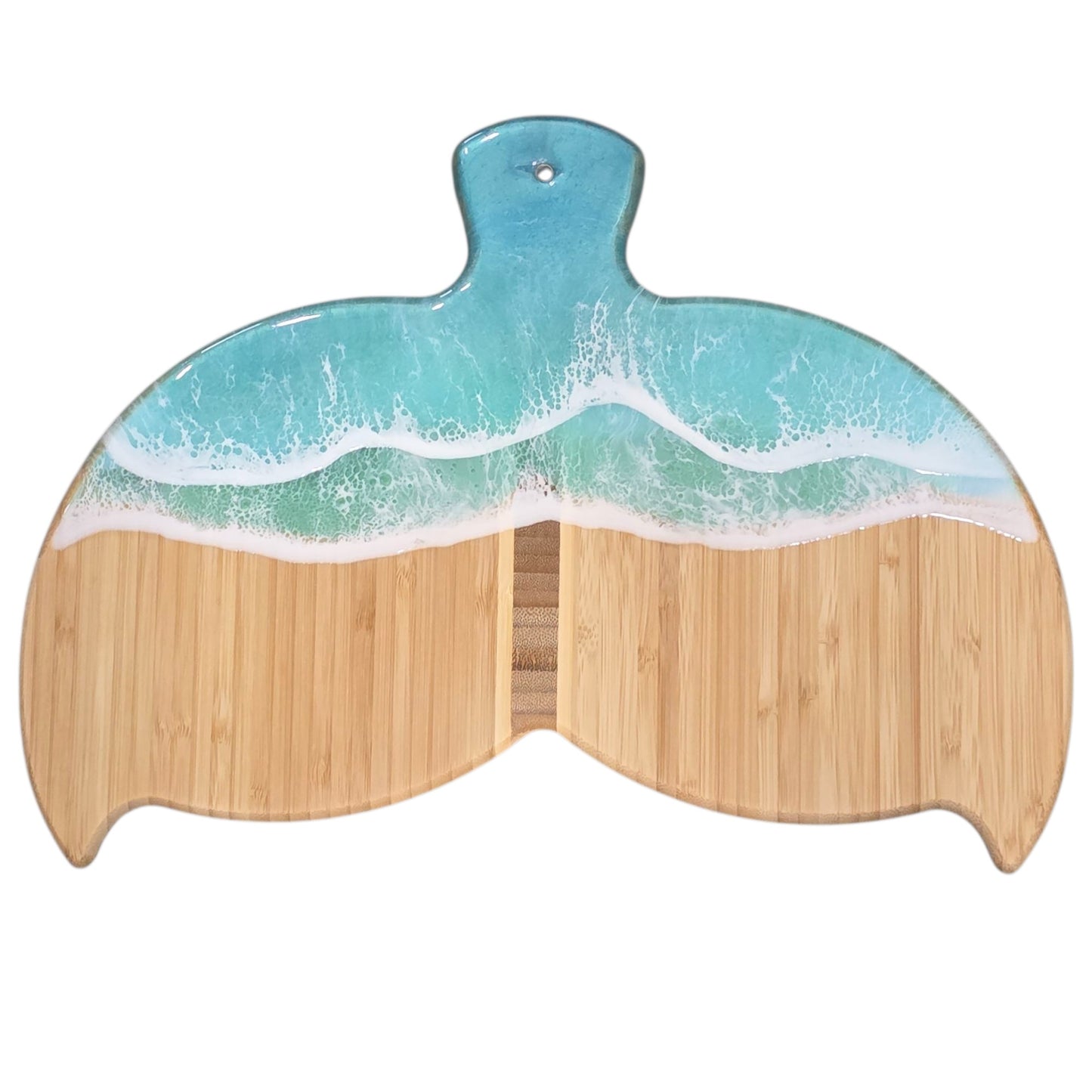 Whale Tail Shaped Bamboo Cutting Board with Ocean Resin Design