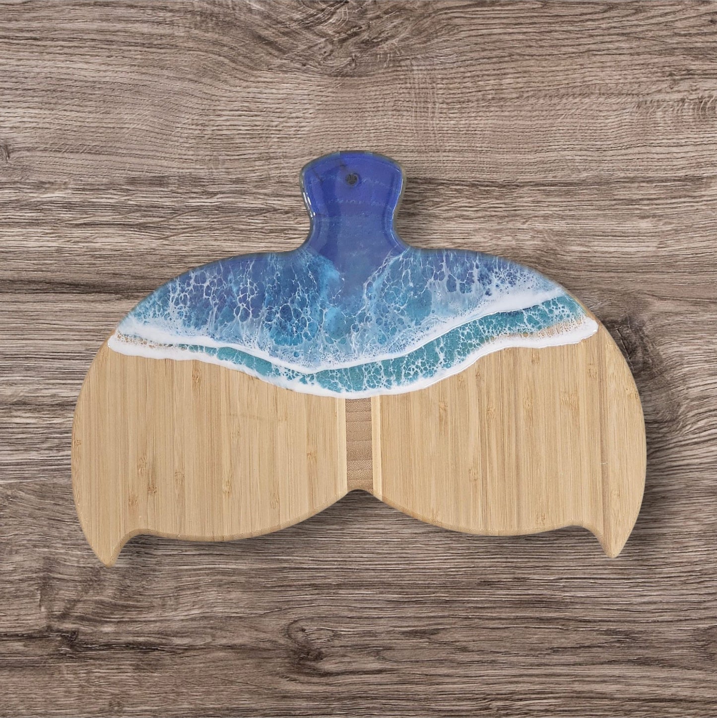 Whale Tail Shaped Bamboo Cutting Board with Ocean Resin Design