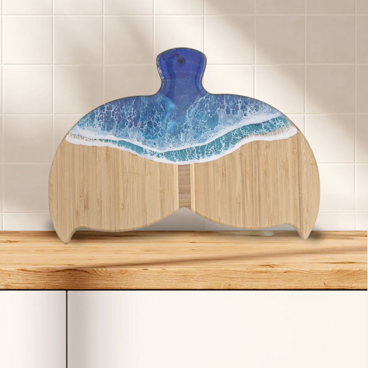 Whale Tail Shaped Bamboo Cutting Board with Ocean Resin Design