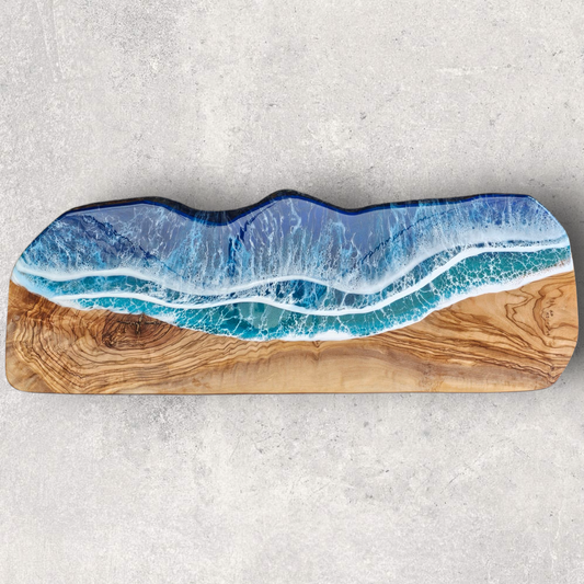 Olivewood Serving Tray with Ocean Resin Design