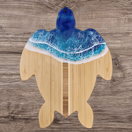 Turtle-Shaped Bamboo Cutting Board with Ocean Resin Design