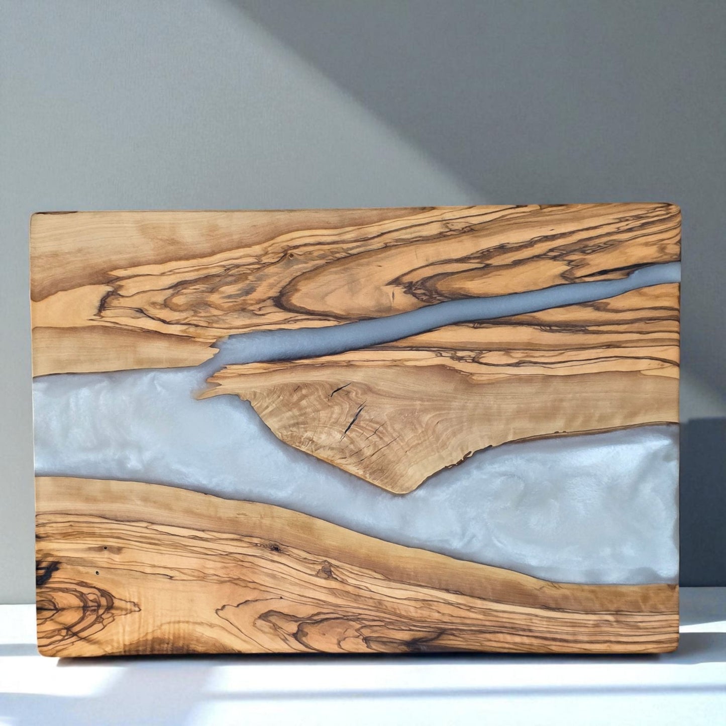 Olive Wood & White Pearl Resin Charcuterie Board – Handmade Functional Art