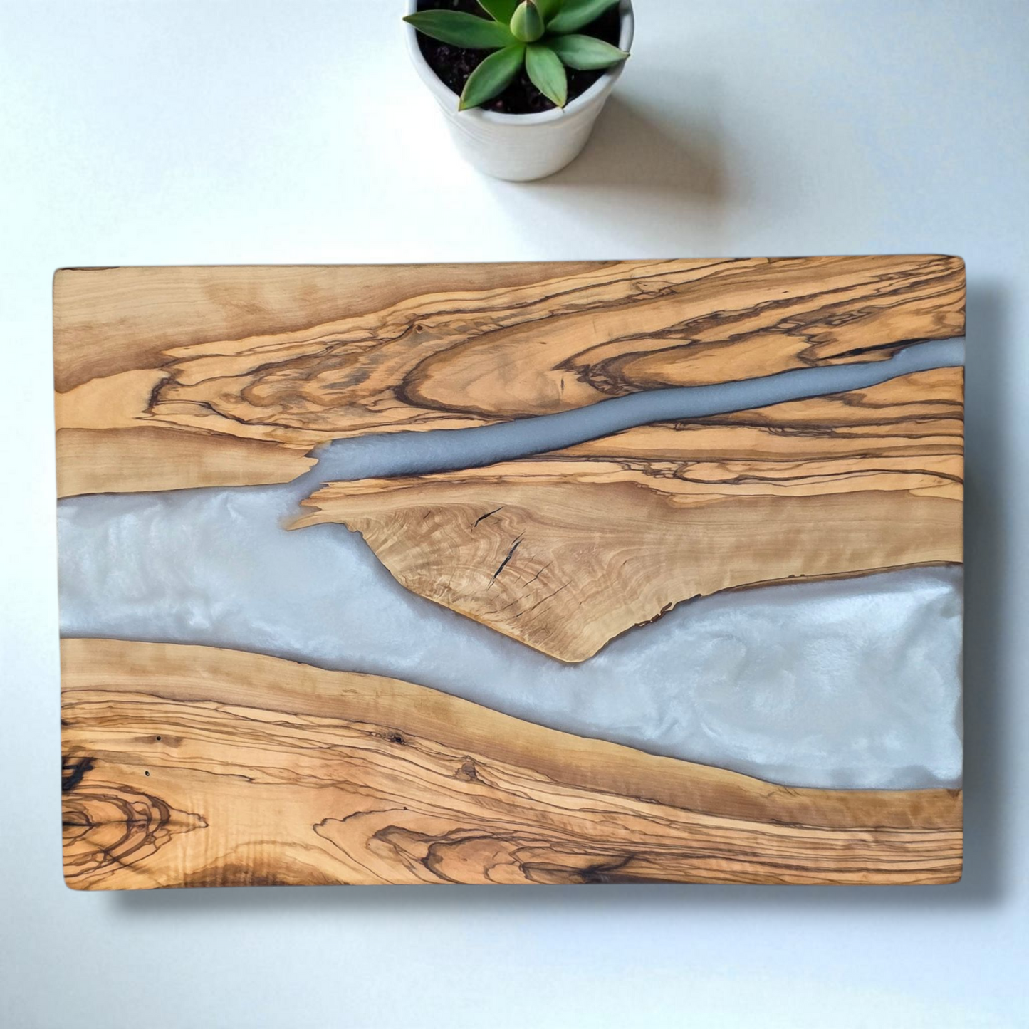 Olive Wood & White Pearl Resin Charcuterie Board – Handmade Functional Art