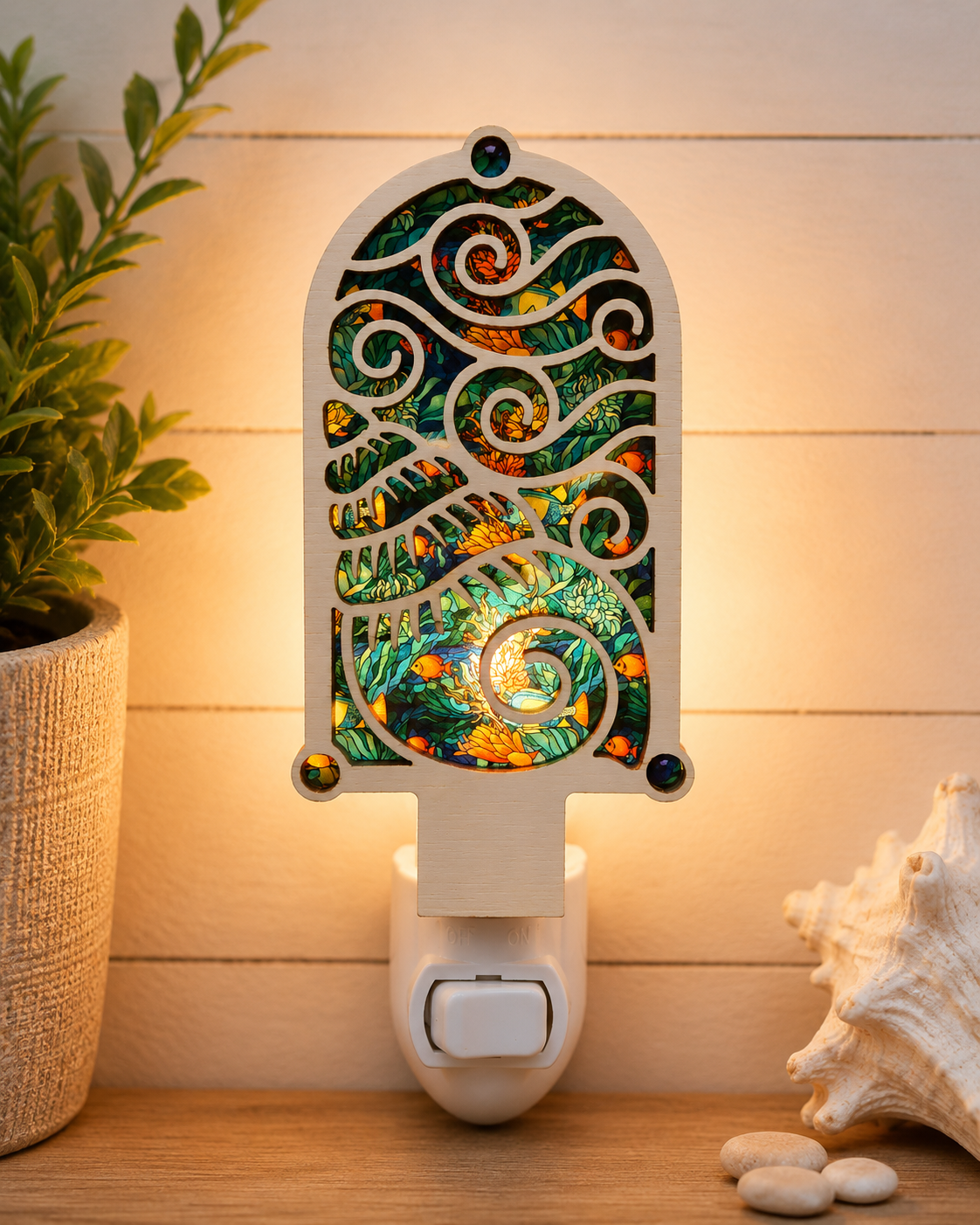 Coastal Coral Seashell Wood LED Night Lights