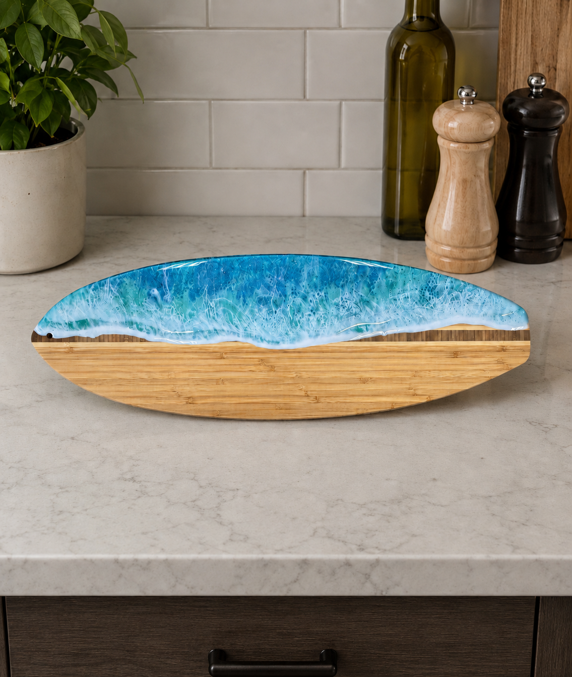Surfboard Bamboo Cutting Board with Ocean Resin Design (Wholesale)