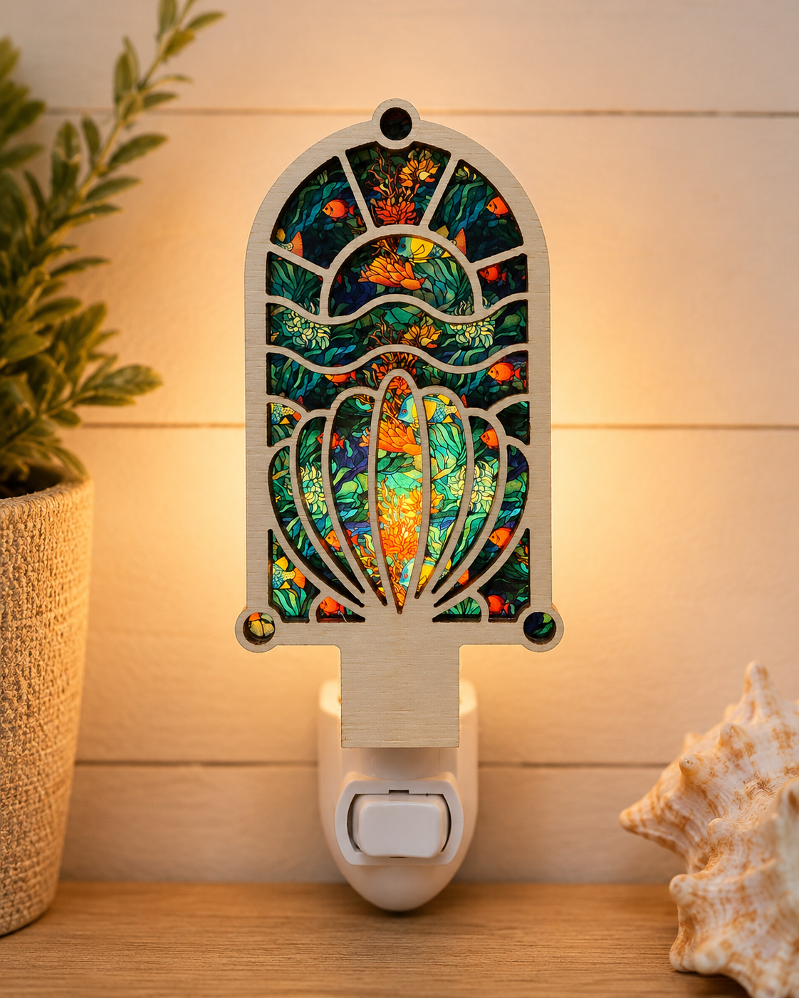 Coastal Coral Seashell Wood LED Night Lights