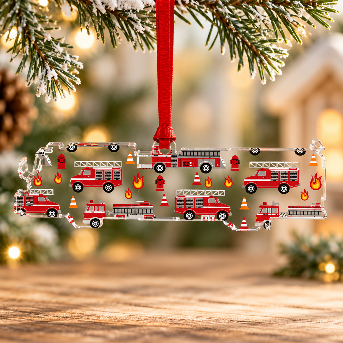 Fire Truck Fire Engine Shaped Acrylic Holiday Ornament (Wholesale)