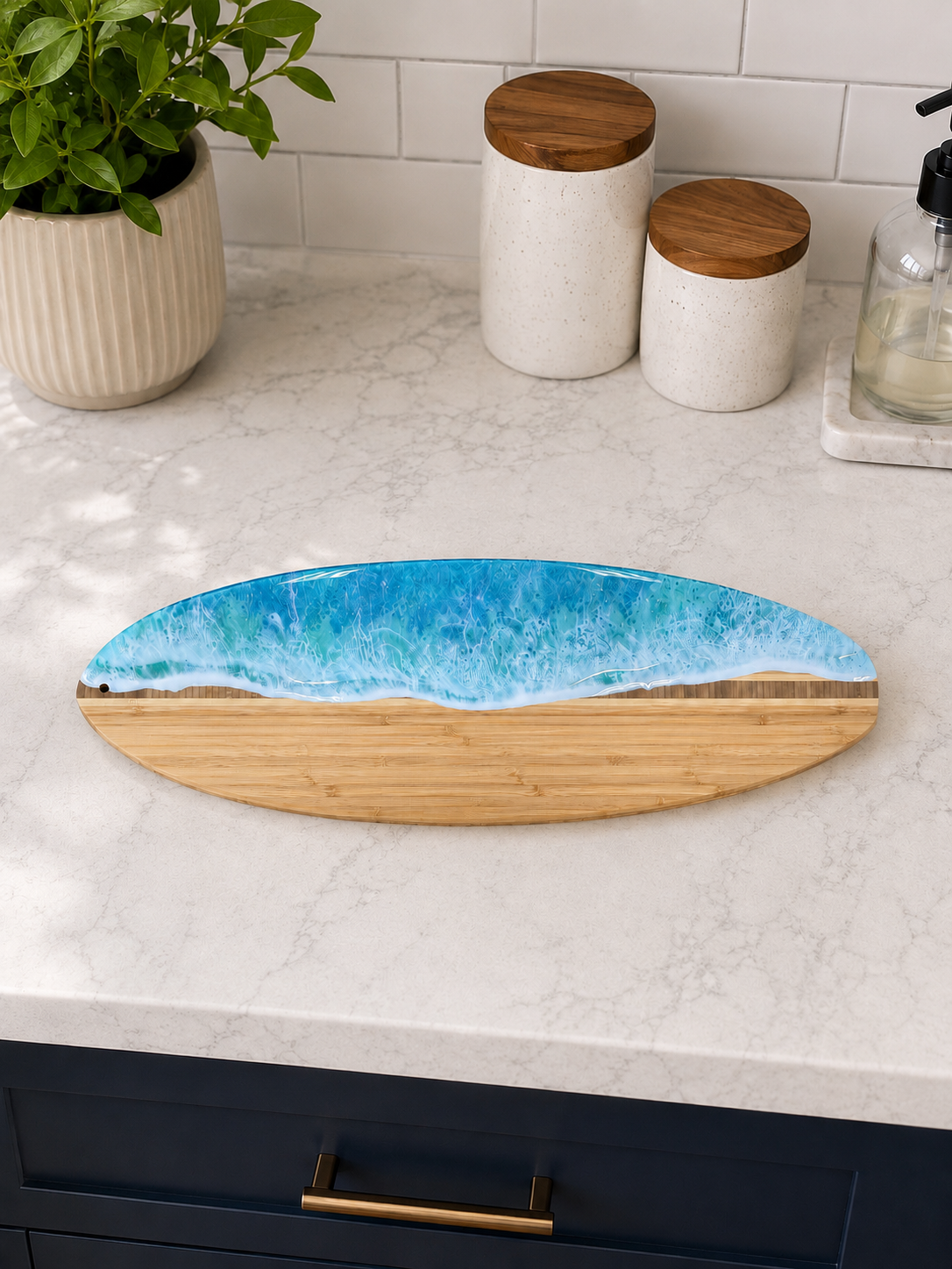 Surfboard Bamboo Cutting Board with Ocean Resin Design (Wholesale)