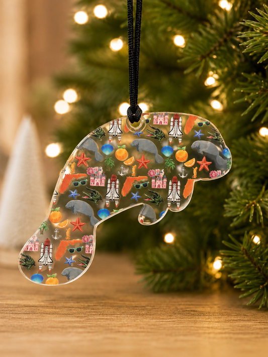 Manatee w/ Florida Icons Tropical Holiday Ornament (Wholesale)