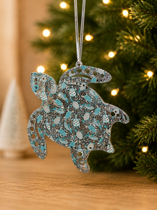 Turtle Silver Glitter Acrylic Tropical Holiday Ornament (Wholesale)