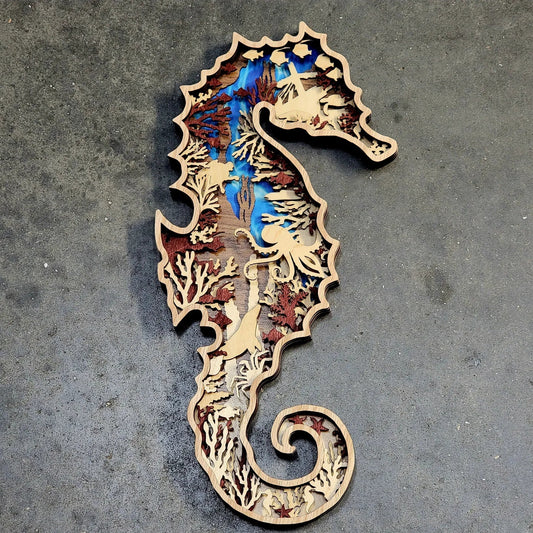 Seahorse Wood Wall Art - Sealife Home Decor Countertop Art Abstract Artwork
