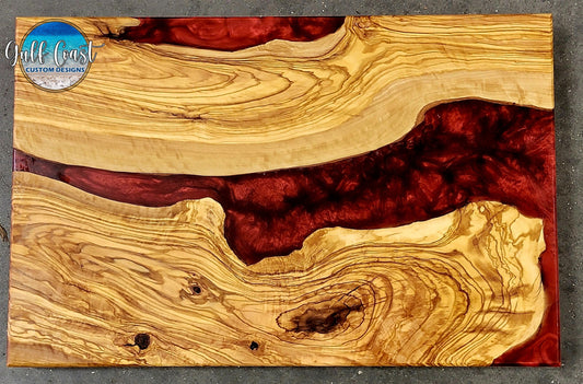 Custom Olivewood Epoxy Infusions Charcuterie Cutting Board - ’Shensei Red Wave’ decorative trays