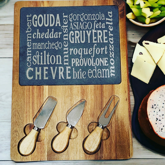 Acacia & Slate Cheeseboard with Utensils - Engraved Cheese Names