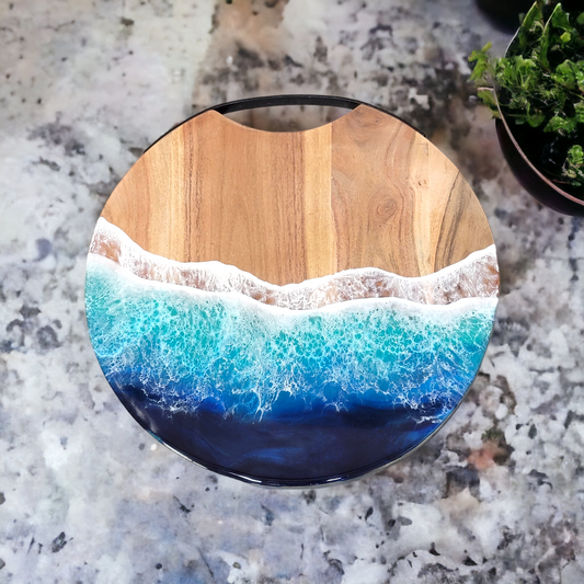 Waverly Blue Acacia Round Serving Tray or Wall Art Epoxy Resin Design kitchen art