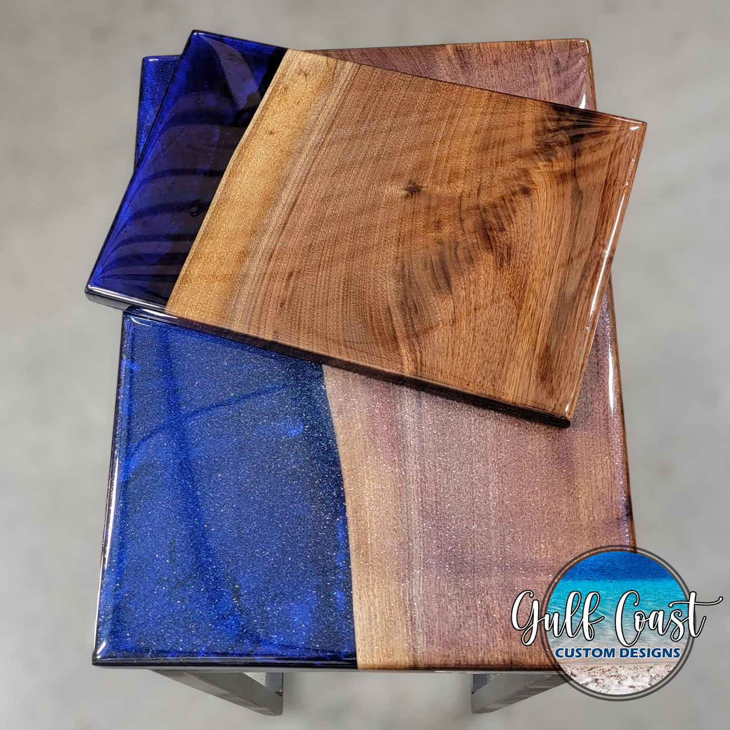 C-Table Set - Blue Epoxy & Walnut C-Table w/ Side Serving Tray sofa table