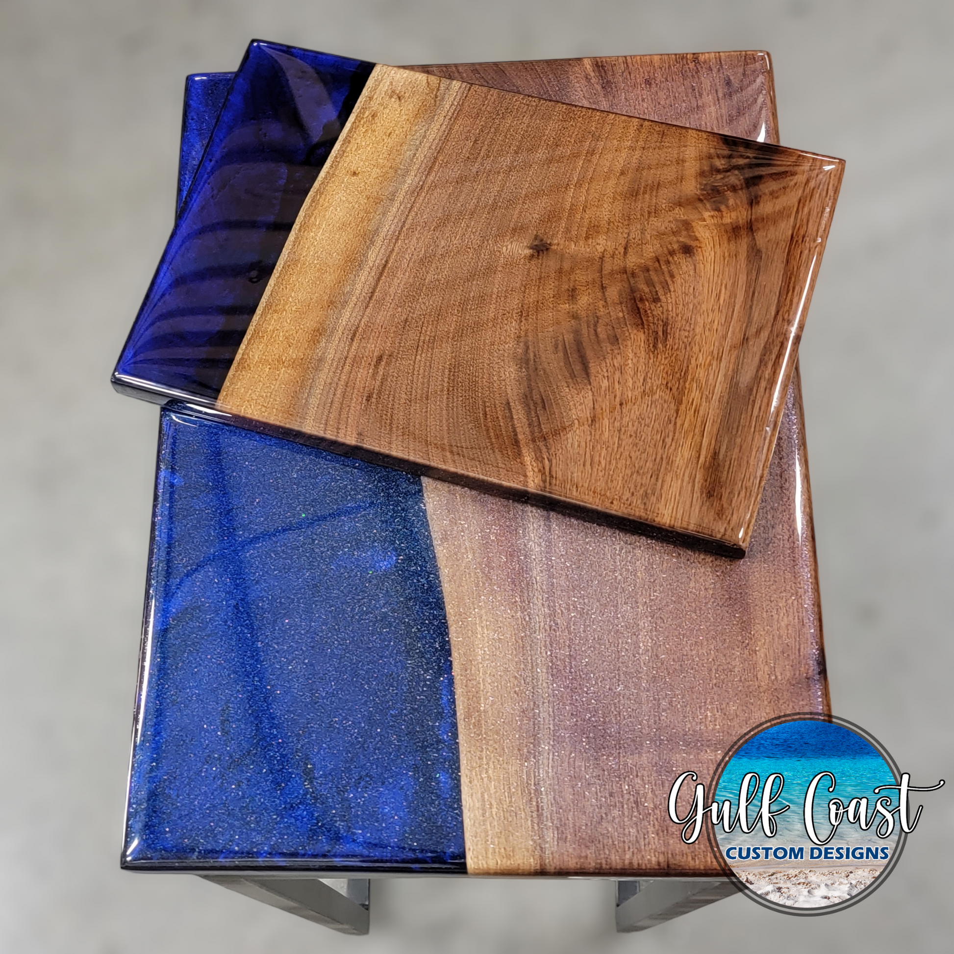 C-Table Set - Blue Epoxy & Walnut C-Table w/ Side Serving Tray sofa table