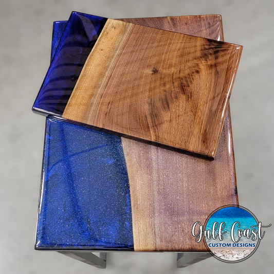 C-Table Set - Blue Epoxy & Walnut C-Table w/ Side Serving Tray sofa table