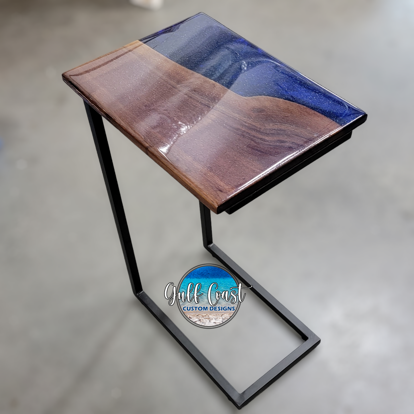 C-Table Set - Blue Epoxy & Walnut C-Table w/ Side Serving Tray sofa table