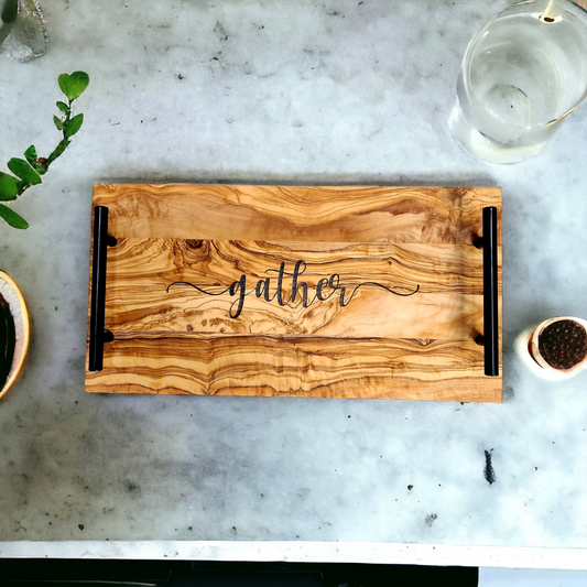 "Gather" Olivewood Charcuterie Serving Tray Cheeseboard Kitchen Decor
