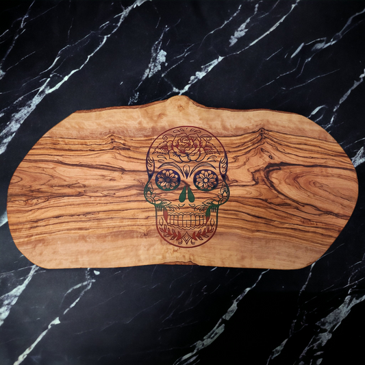 Sugar Skull Dia de Los Muertos Olivewood Cutting Board Serving Tray 17" x 9"