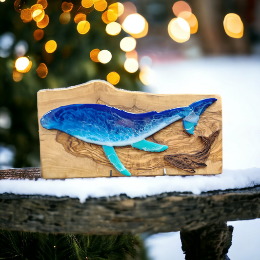 Whales in Harmony: Olivewood and Walnut Resin Wall Art