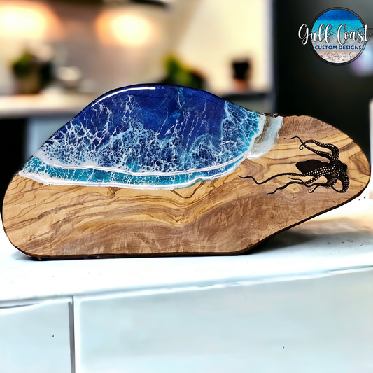 Octopus on Olivewood with Ocean Resin Design Charcuterie Serving Platter