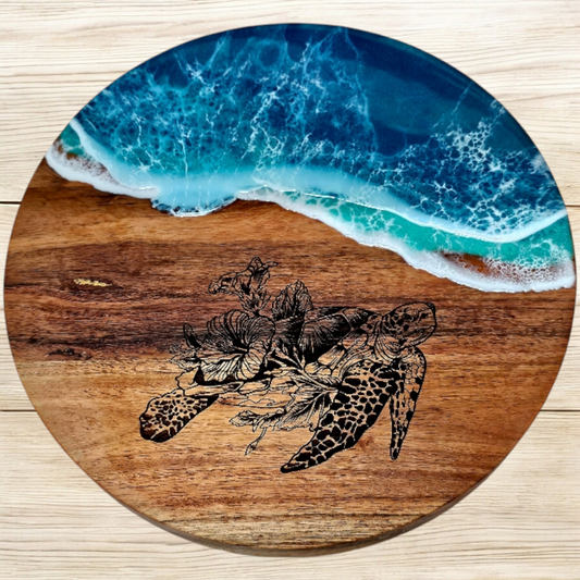 Turtle Engraved Cake Trivet with Coastal Water Resin Design - Acacia Trivet