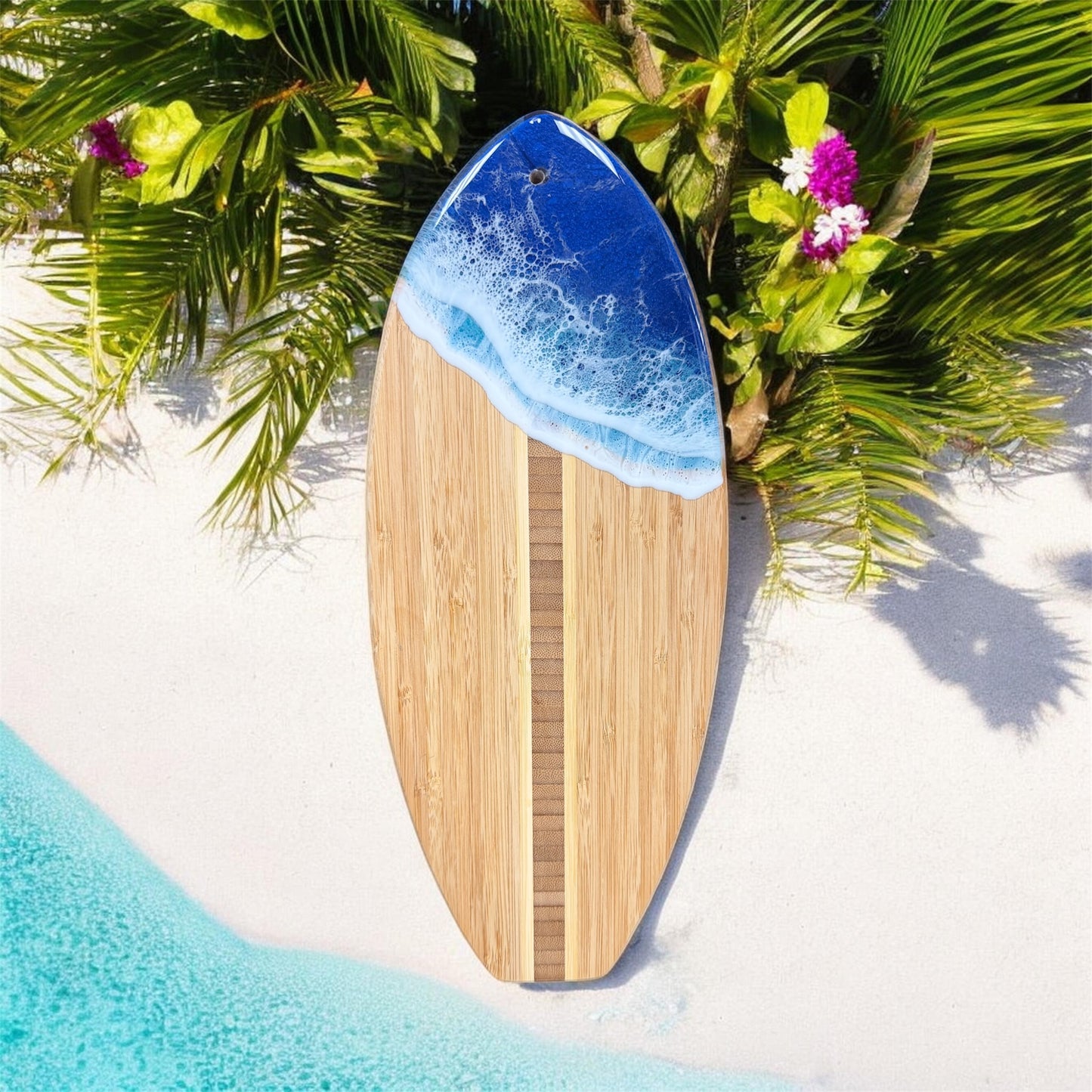 Surfboard Bamboo Cutting Board with Ocean Resin Design (Wholesale)