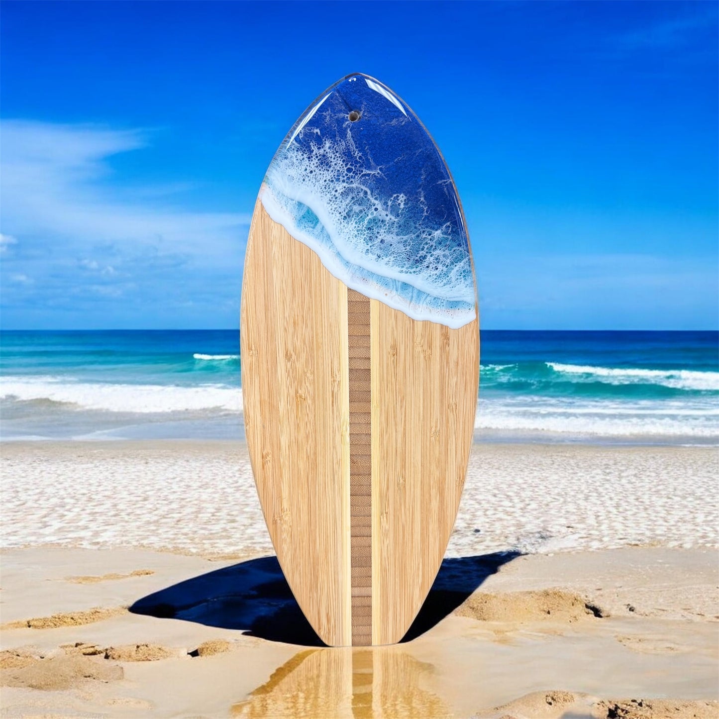 Surfboard Bamboo Cutting Board with Ocean Resin Design (Wholesale)